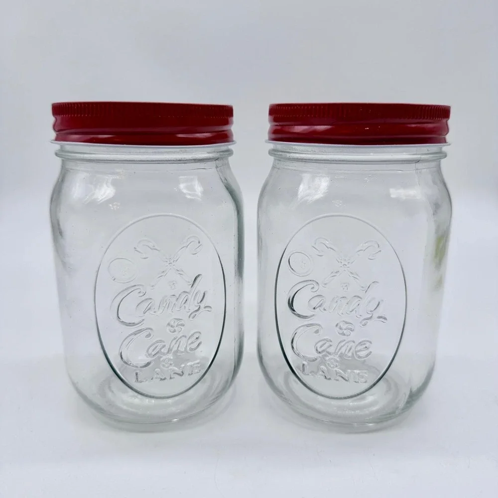Set of 2 Candy Cane Lane Glass Mason Jars Red Lids Christmas Holiday‎ Decor